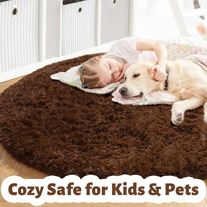 Amdrebio Dark Brown Rug 4Ft for Bedroom, Round Fluffy Shag Plush Area Rugs for Kids Room, Living Room Decor Aesthetic, Fuzzy Fur Floor Chocolate Coffee Circle Carpet for Playroom Dorm Baby Nursery
