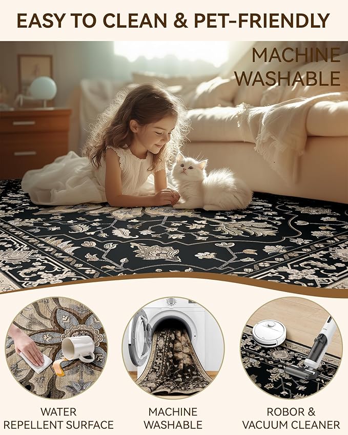 RELEANY Area Rugs 8'x10' Washable Non-Slip, Floral Vintage Distress Print Pattern Medallion Carpet for Living Room Bedroom Dining Room, Black Brown Neutral Dark Tan