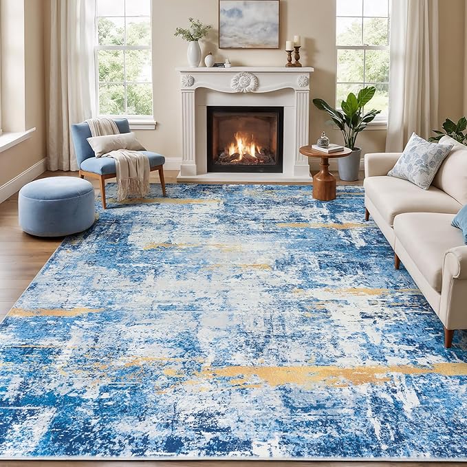 Rugflix 8x10 Area Rugs for Living Room, Washable Large Rug Stain-Resistant Low Pile, Modern Carpet for Dining Room Home Office Kid Room Nursery Bedroom, Blue Gold
