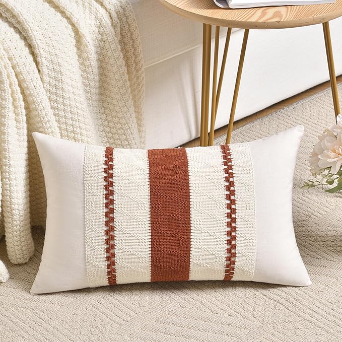 Fancy Homi Set of 1 Rust Boho Long Lumbar Decorative Throw Pillow Cover 12x24 Inch for Couch Bed Sofa, Aesthetic Modern Organic Fall Room Decor, Soft Cotton Cute Terracotta Farmhouse Cushion Case