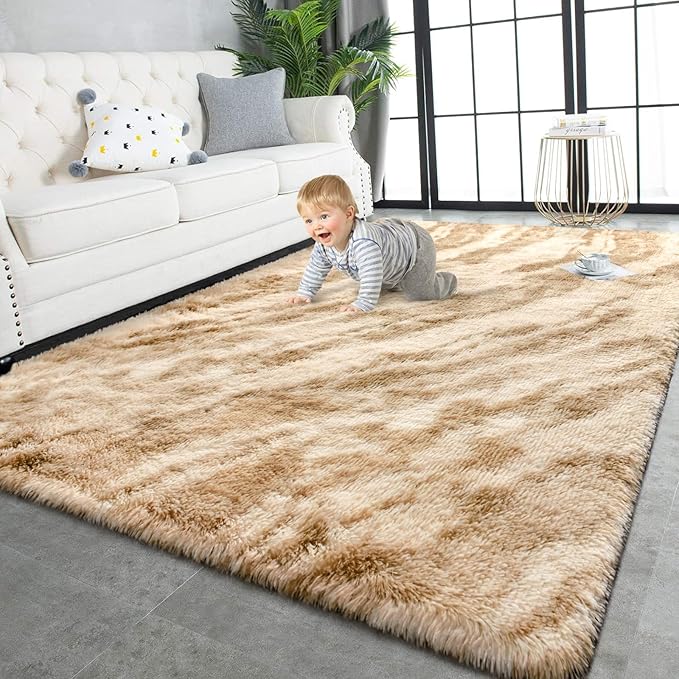 TWINNIS Super Soft Shaggy Rugs Fluffy Carpets, 4x5.9 Feet, Indoor Modern Plush Area Rugs for Living Room Bedroom Kids Room Nursery Home Decor, Upgrade Anti-Skid Rectangular Fuzzy Rug, Beige Brown
