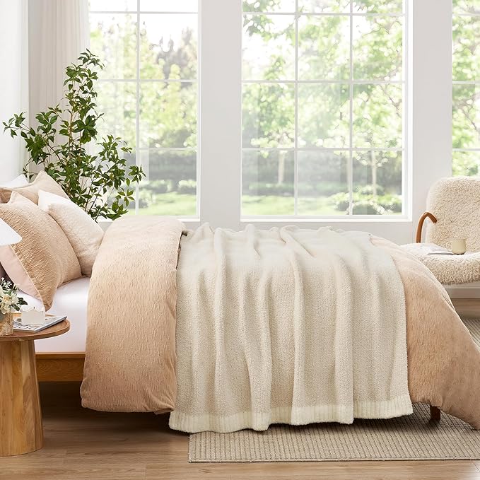 Snuggle Sac Queen Size Oversized Super Soft Bed Blanket - Warm & Cozy Knit Fuzzy Microfiber Blankets in Heather Ivory, 90 x 90