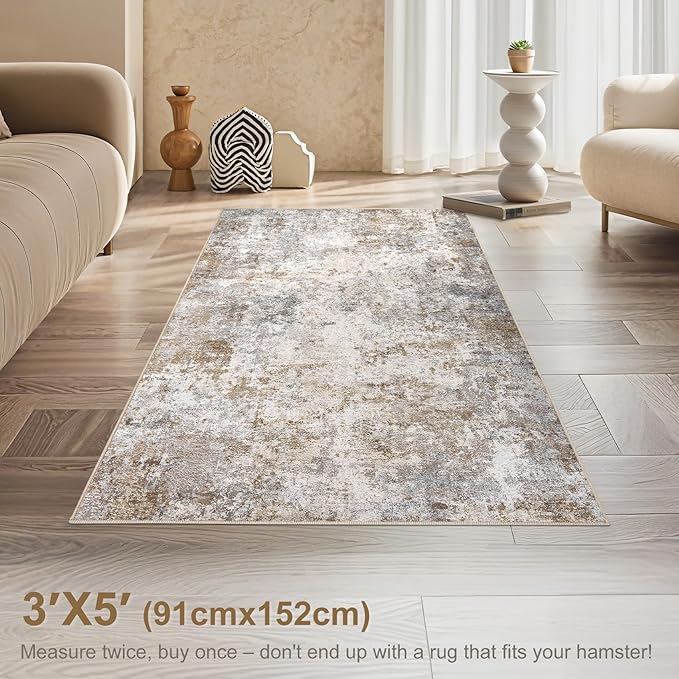 UERMEI 3x5 Area Rug Living Room Rugs - Washable Neutral Modern Abstract Soft Thin Rug Indoor Floor No Slip Rug Carpet for Bedroom Under Dining Table Home Office Decor - Brown Grey
