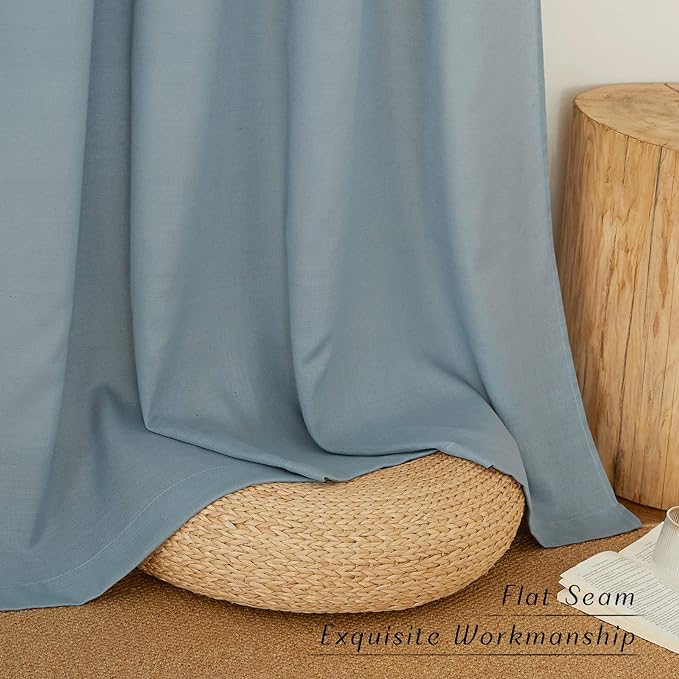 NICETOWN Flax Semi Sheer Stone Blue Linen Curtains for Living Room, Grommet Vertical Drapes Thick Linen Curtains Privacy Added with Light Filtering for Villa/Bedroom, W55 x L96, 1 Pair