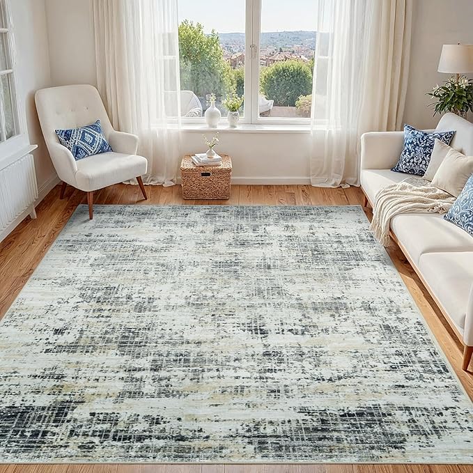 5x7 Area Rugs for Living Room Washable Rug: Anti-Skid Abstract Modern Living Room Rug Soft Thin Carpets Indoor Floor Non-Shedding Carpet for Bedroom Dining Farmhouse Nursery Black Gray Gold