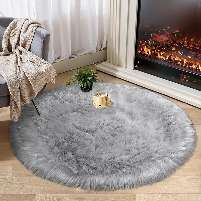 Ciicool Grey Fluffy Round Fur Area Rug for Bedroom, Circle Faux Fur Rugs for Kids Room, Cute Fuzzy Nursery Carpet, Shaggy Circular Rugs Floor Carpets for Teens Girls Rooms Home Decor, 4 x 4 Feet