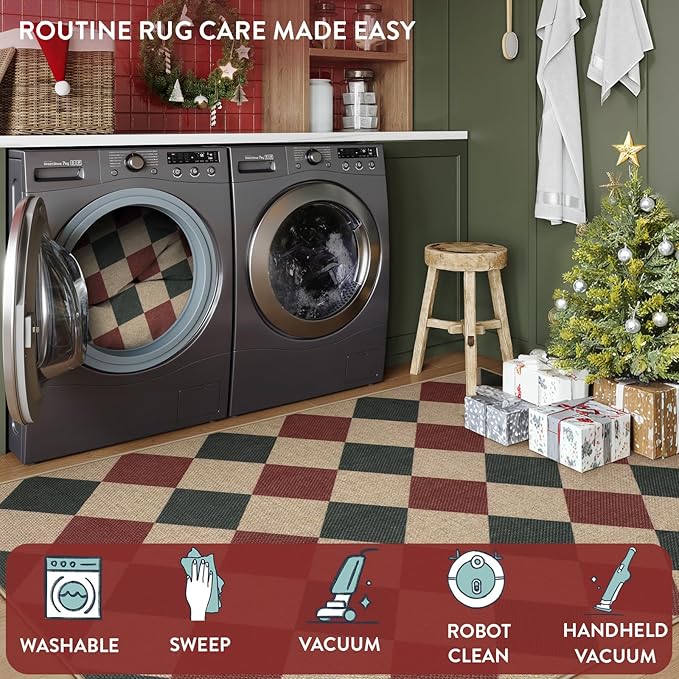 Lahome Christmas Runner Rug, 2x8 Checkered Christmas Decor Non Slip Entryway Runner Rug, Checkerboard Red and Green Indoor Outdoor Xmas Decorations for Hallway 8ft Entry Laundry Room