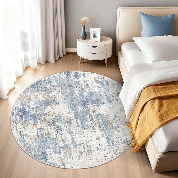 XLUEZ Round Rug 4ft for Bedroom, Washable Modern Abstract Circle Rug Neutral Soft Non Slip Kids Rug Stain Resistant Indoor Carpet for Living Room Nursery Playroom Dorm Girls Boys Room(Blue, 4' Round)
