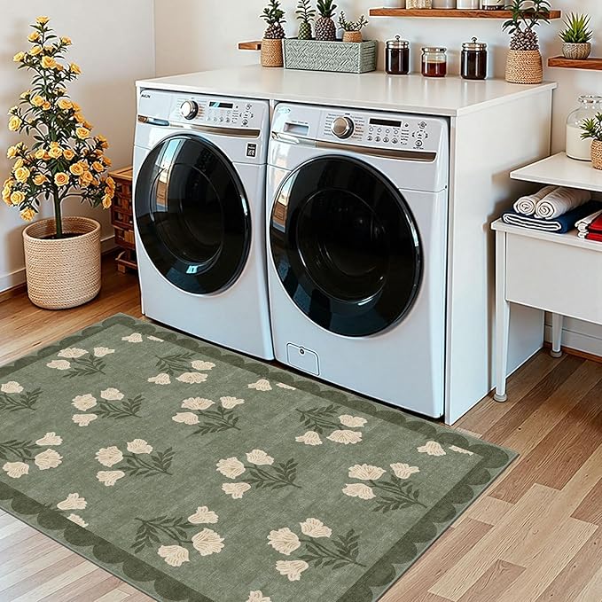 3x5 Floral Entry Rug - Small Washable Indoor Outdoor Mats for Front Door Non-Slip Spring Porch Rug Sage Green Farmhouse Throw Rugs for Living Room Bedroom Entryway Kitchen Office Porch Decor