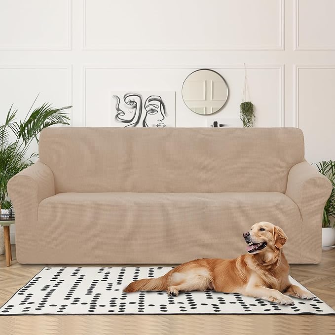 U-NICE HOME 4 Seater Stretch Couch Cover Sofa Cover Washable Sofa Slipcover Furniture Protector for 3 Cushion Couch Sofa Pet Friendly, Camel