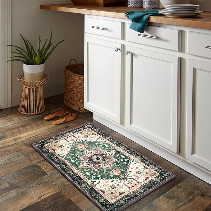 Yamaziot Washable Area Rug, 2x3 Small Entryway Rug Non-Slip Boho Vintage Rug with Rubber Backing, Low Pile Faux Wool Soft Distressed Floor Carpet for Indoor Door Mat, Kitchen, Laundry Bathroom