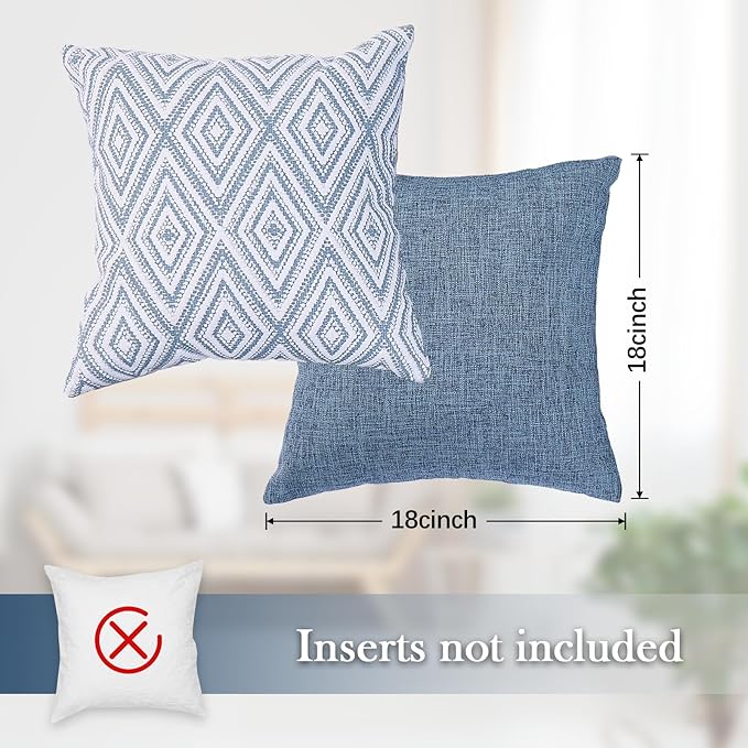 HPUK Decorative Throw Pillow Covers Set of 4 Square Couch Pillows Linen Cushion Cover for Couch Sofa Living Room, 18"x18" inches, Blue