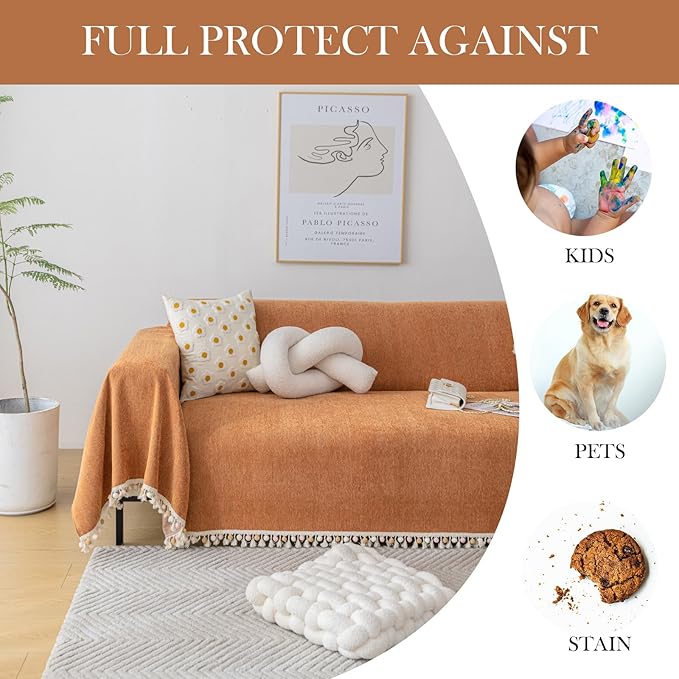 HANDONTIME Dark Orange Sofa Covers Couch Cover for Dogs Colorful Tassel Lovetseat Cover Pet Couch Cover Bohemian Sofa Cover for Couch Vintage Boho Couch Covers Futon Cover Pet-Friendly, 91" X150"