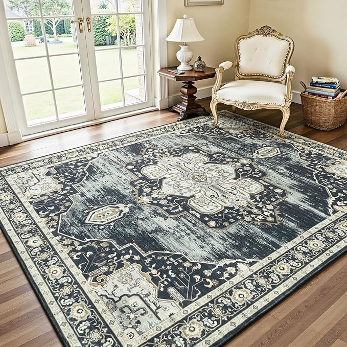 Lofus 5x7 Washable Area Rug, Vintage Floral Rugs for Living Room, Bedroom, Dinning Room, Low Pile Large Area Rugs with Non-Slip Backing, Flower Print Pattern, Black Brown