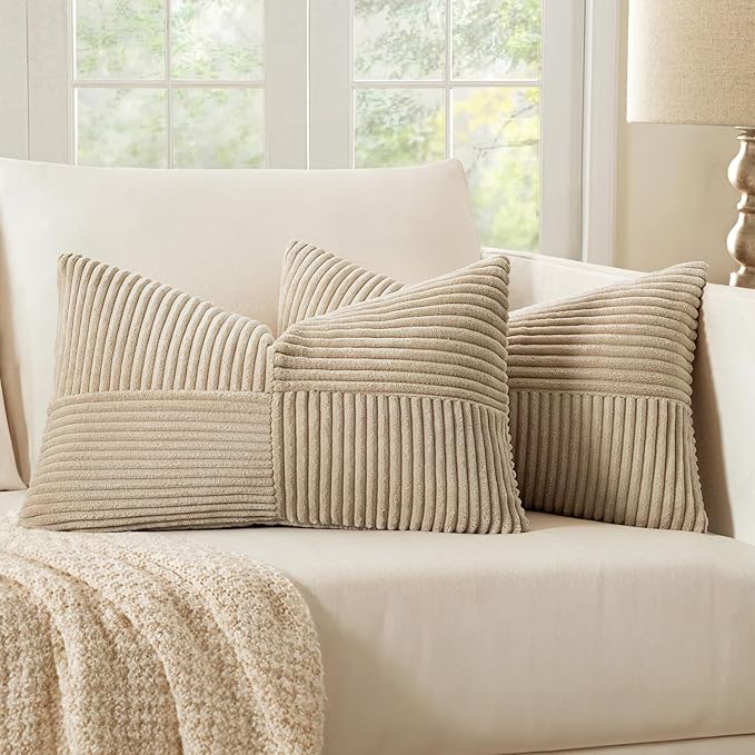 MIULEE Cream Decorative Lumbar Throw Pillow Covers 12x20 Inch for Couch Bed Sofa Pack of 2 Boho Neutral Farmhouse Throw Pillows Soft Cross Corduroy Patchwork Textured Cushion Cases