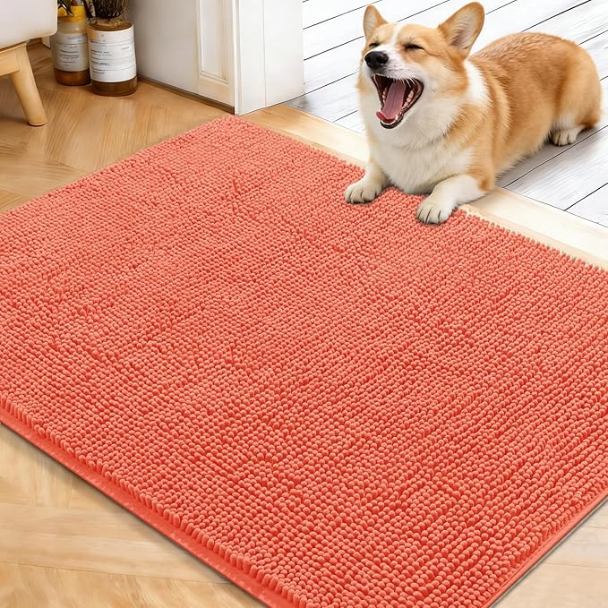 OLANLY Dog Door Mat for Muddy Paws 40x32, Absorbs Moisture and Dirt, Absorbent Non-Slip Washable Doormat, Quick Dry Chenille Mud Mat for Dogs, Entry Indoor Entryway Carpet for Inside Floor, Coral