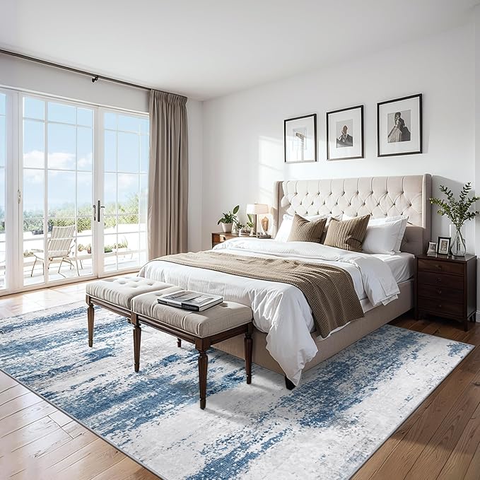 Area Rugs Living Room Rug - 4x6 Washable Modern Abstract Soft Neutral Non-Slip Carpet Large Indoor Floor Thin Carpets for Bedroom Dining Room Farmhouse Nursery Home Office White Blue Grey