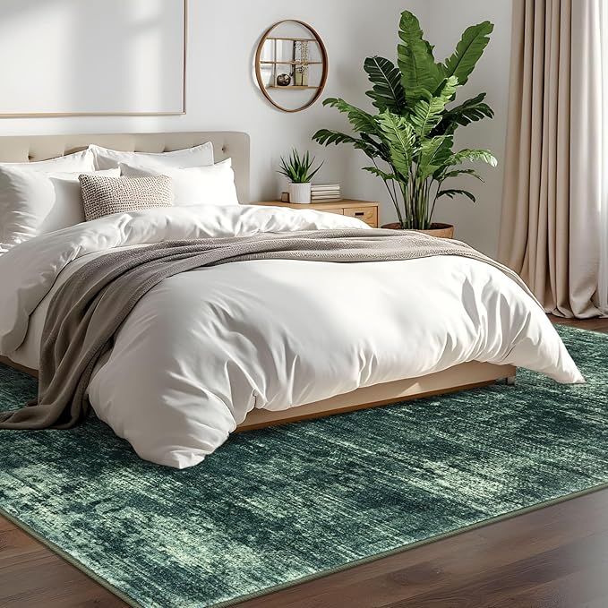 IOHOUZE Abstract Area Rugs 6x9 Ft Washable Rugs for Living Room, Non Slip Dining Room Rug, Printed Faux Wool Rugs for Bedroom, Floor Carpet for Office Nursery Playroom, Dark Green