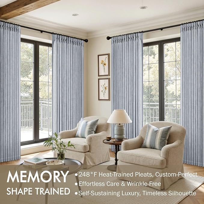 MIULEE Pinch Pleated Thick Linen Curtains 96 Inches Long 2 Panels for Living Room Bedroom, Memory Trained Pleat Drapes Light Filtering Light Blue Semi Sheer Window Curtains Hooks Rings Back Tab
