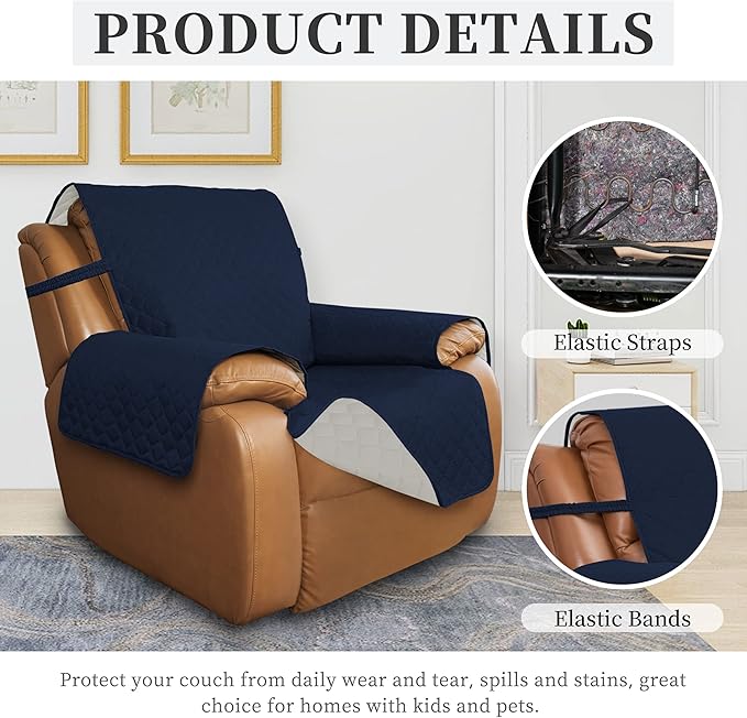 ISSUNTEX Double Protection 100% Waterproof Recliner Covers for Living Room, Reversible Furniture Protector Recliner Couch Sofa Slipcover for Dogs, Pets, Kids (Oversized Recliner, Navy/Ivory)