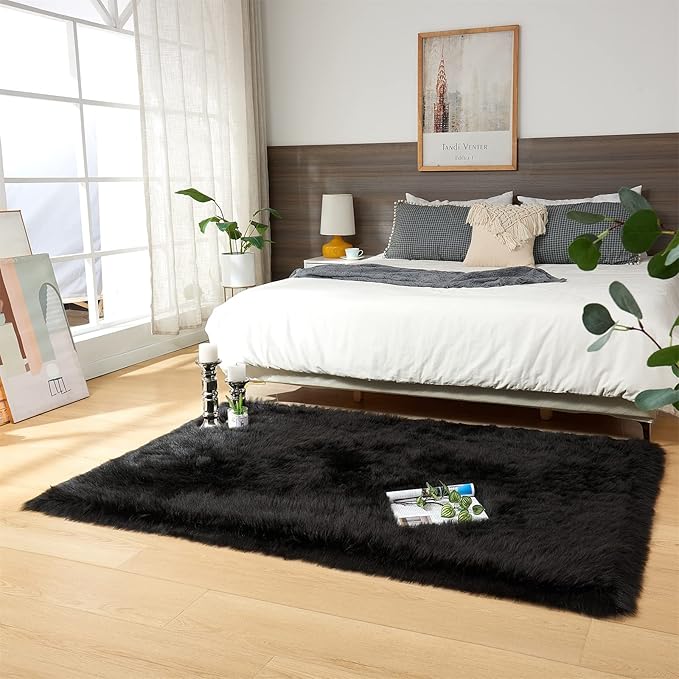 EasyJoy Ultra Soft Fluffy Shaggy Area Rug Faux Fur Rug Chair Cover Seat Pad Fuzzy Area Rug for Bedroom Floor Sofa Living Room (4 x 6 ft Rectangle, Black)