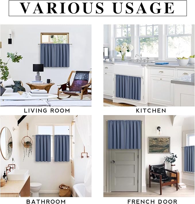 RYB HOME Cafe Blackout Curtains 24 inch Length, RV Curtains for Camper Windows, Mini Short Small Insulating Light UV Blocking Privacy Half Window Tiers, Width 42 by Length 24, Stone Blue, 2 Panels