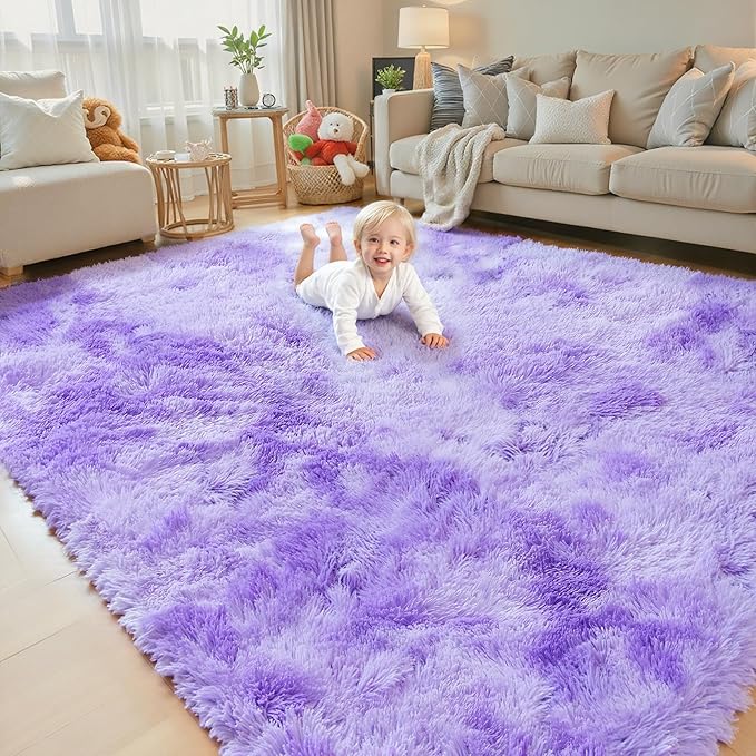 Area Rugs 10x14 Living Room, Shaggy Carpet Soft Plush Furry Bedside Rug Large Area Rugs for Bedroom Kids Girls Boys Home Decor Anti Slip(10 x 14, Purple Starry)