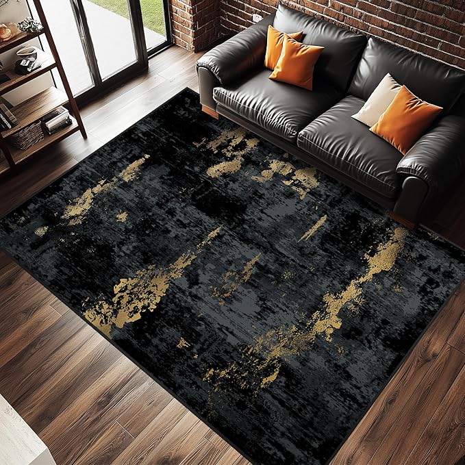 Washable Area Rugs 5'x8' Non-Slip Modern Abstract Soft for Living Room Entryway Bedroom Nursery, Print Pattern, Dark Black Gold