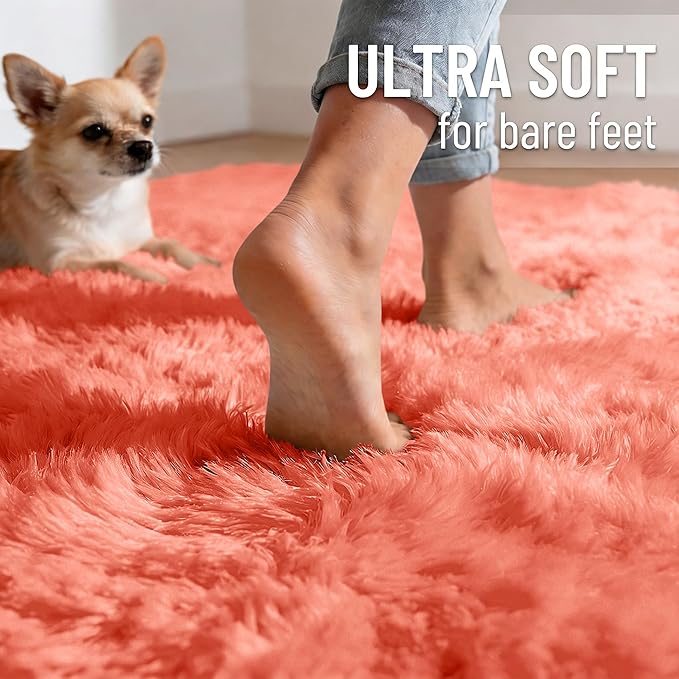 OLANLY Coral Red Round Rugs for Bedroom - Machine Washable, 3 ft Circle Area Rugs for Living Room, Soft and Fluffy Shaggy Carpet for Teen Girl and Boys, Nursery Rooms, Dorms, Home Decor Aesthetic