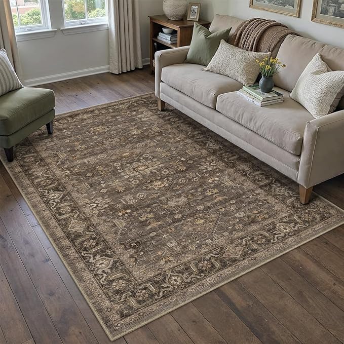 3x4 Washable Area Rug for Entryway Vintage Brown Non Slip Low Pile Carpet Traditional Retro Soft Throw Rug for Entrance Bathroom Door Mat Indoor Dorm Dining Room