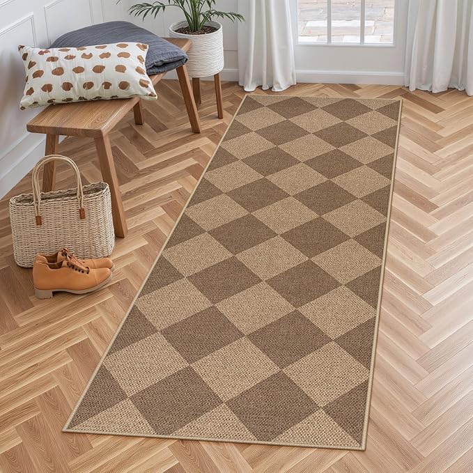 Lahome Colette Checkered Easy Jute Runner Rug, 2x6 Kitchen Mats for Floor Non Slip Washable Entryway Runner, Checkerboard Nature Indoor Outdoor Carpet for Hallway 6ft Entry