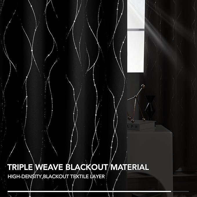Deconovo Short Blackout Curtains, Black Drapes, Thermal Insulated Soundproof Grommet Curtain, Wave Line Dot Foil Print, 52 x 45 Inch, 2 Panels, Machine Washable Window Panel for Small Windows Kitchen