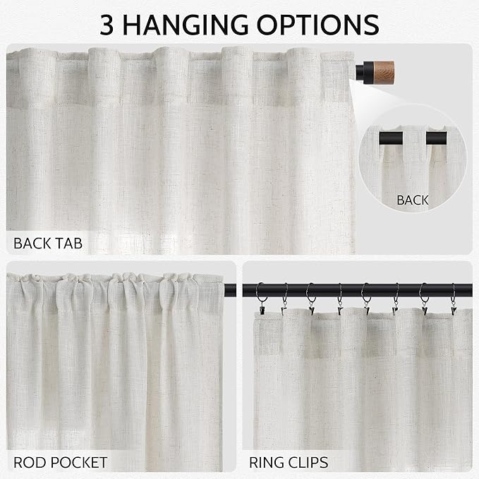 Nanspring Natural Linen Curtains for Living Room 94 Inches Long Rustic Farmhouse Decor Light Filtering Semi Sheer Curtain Back Tab and Rod Pocket Luxury Drapes for Bedroom Office 52x94, 2 Panels