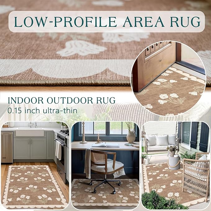 3x5 Floral Entry Rug - Small Washable Indoor Outdoor Mats for Front Door Non-Slip Porch Rug Tan Boho Neutral Farmhouse Throw Rugs for Living Room Bedroom Entryway Kitchen Office Porch Decor