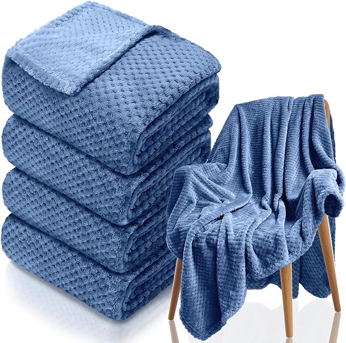4 Pack Fleece Throw Blankets 50x60 Inches – 270 GSM Ultra Soft Flannel, Oeko-TEX Standard 100 Certified, Lightweight 3D Waffle Texture, No Shedding/Pilling, for Bed, Couch, Sofa, All Season (Blue)