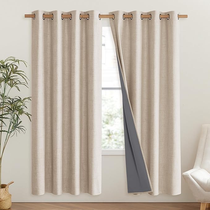 NICETOWN Cream Bedroom Full Blackout Linen Curtain Panels Set of 2, 52" by 72", Thick Insulated Classic Grommet Blackout Draperies with White Thermal Insulated Liner for Windows
