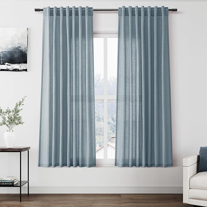 Light Blue Linen Curtains 63 Inches Long 2 Panel Sets for Living Room Bedroom Rod Pocket Back Tab Light Filtering Drape for Kitchen Window Short Protect Privacy Curtain Modern Farmhouse Decor 52x63