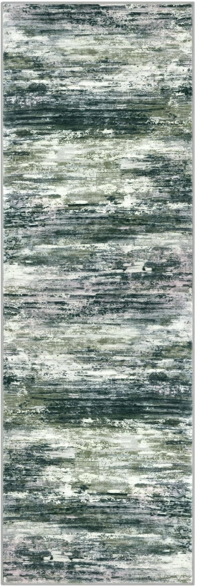 KOZYFLY Modern Abstract Runner Rugs 2x6 Green Yellow Machine Washable Area Rug for Bedroom Non-Slip Living Room Rug, Faux Wool Soft Low Pile Office Carpet for Dining Room, Bedroom, Kitchen Bathroom