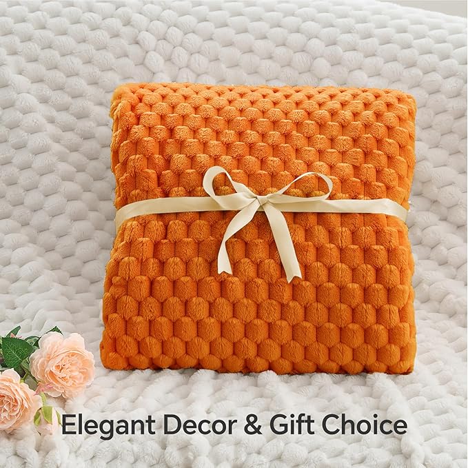 BEDELITE Fleece Blanket Twin Size for Bed Couch, 3D Jacquard Decorative Orange Fall Throw, Soft and Cozy Warm Plush Fuzzy Blanket, 60x80Inches
