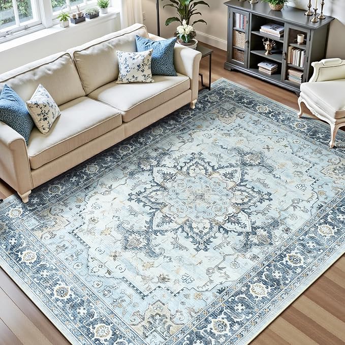 Lofus 8x10 Area Rugs for Living Room, Machine Washable Non-Slip Area Rug, Low Pile Large Rugs for Bedroom, Kitchen, Dining Room, Home Office, Vintage Oriental Print Rug, Blue Gold