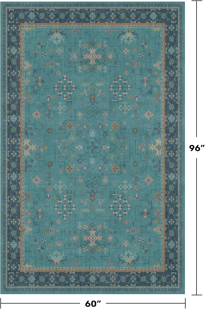 Washable 5x8 Teal Rug for Living Room, Boho Area Rugs for Bedroom Under Bed, Modern Floral Low-Pile Non Skid Carpet for Dining Room Under Table, Stain Resistant Vintage Home Décor