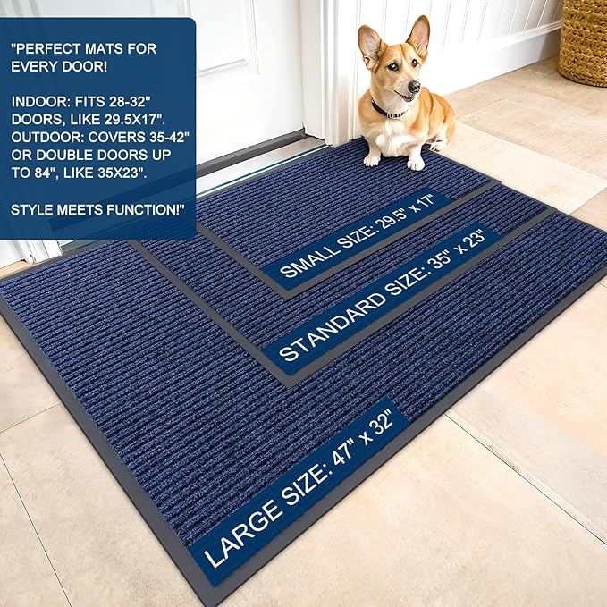 OLANLY Front Door Mat Indoor Outdoor Entrance, 2-Pack 35 x 23 Inch, Waterproof Heavy Duty Doormat, Fade Resistant, Low Profile, Easy Clean Patio Porch Welcome Floor Mats for Entry, Blue