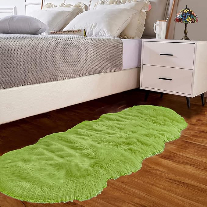 Goolela Lime Green Sheepskin Rug 2x6 Fluffy Fuzzy Furry Runner for Bedroom Bedside Soft Faux Fur Shaggy Sheepskin