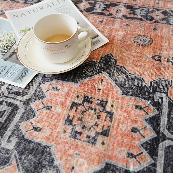 Washable 2x3 Small Area Rug: Vintage Indoor Soft Non Slip Door Mat Stain Resistant Carpet for Bedroom Living Room Light Weight Floor Mat for Kitchen Bathroom - Perfect for Homes with Pets (2x3,Orange)