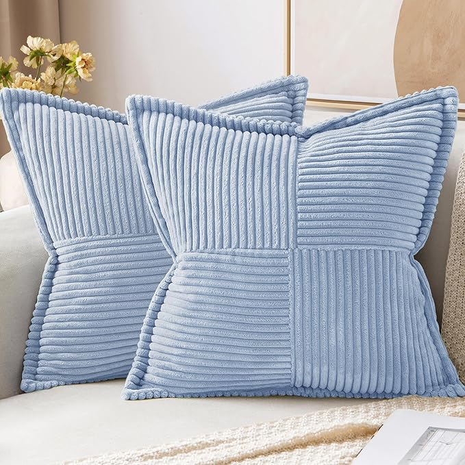 MIULEE Decorative Throw Pillow Covers for Couch Bed Livingroom 20x20 Inch Set of 2 Light Blue Boho Accent Throw Pllows Broadside Striped Patchwork Soft Corduroy Pillowcases