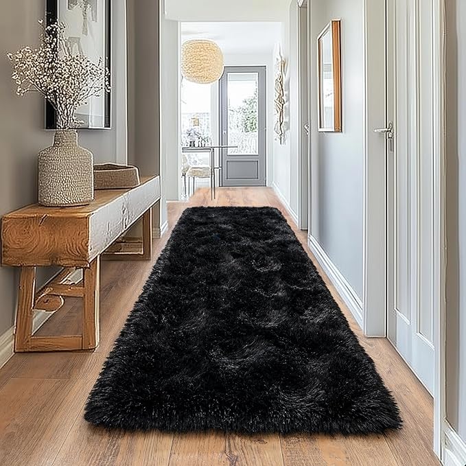 Pionblank Fluffy Runner Rugs for Bedroom 2x6, Modern Shaggy Area Rug for Hallway Living Room, Plush Soft Fuzzy Bedside Carpet for Kids Girls Boys Room Nursery Decor, Black