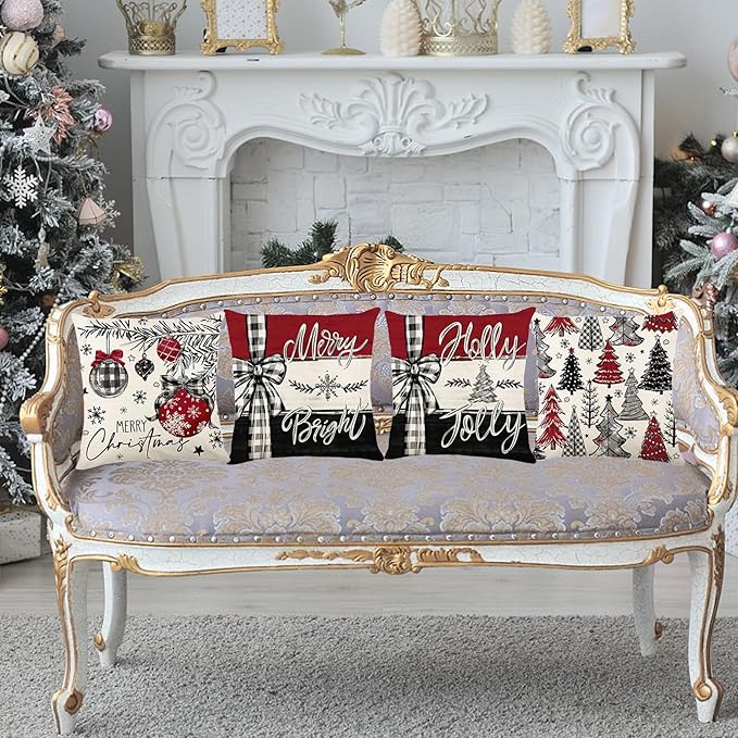 ONFAON Christmas Decorations - Merry Christmas Trees Red Throw Pillow Covers 18x18 Set of 4,Winter Holiday Decor Throw Cushion Case for Home Couch