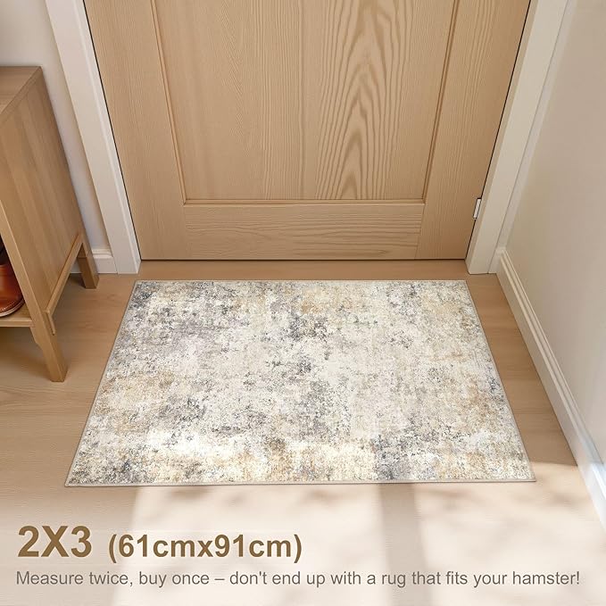 UERMEI 2x3 Entryway Area Rug: Washable Neutral Modern Abstract Small Rug - Non-Slip Low Pile Throw Indoor Carpet for Entrance Kitchen Front Door Mat Bathroom Entry Kids Room - Golden Grey
