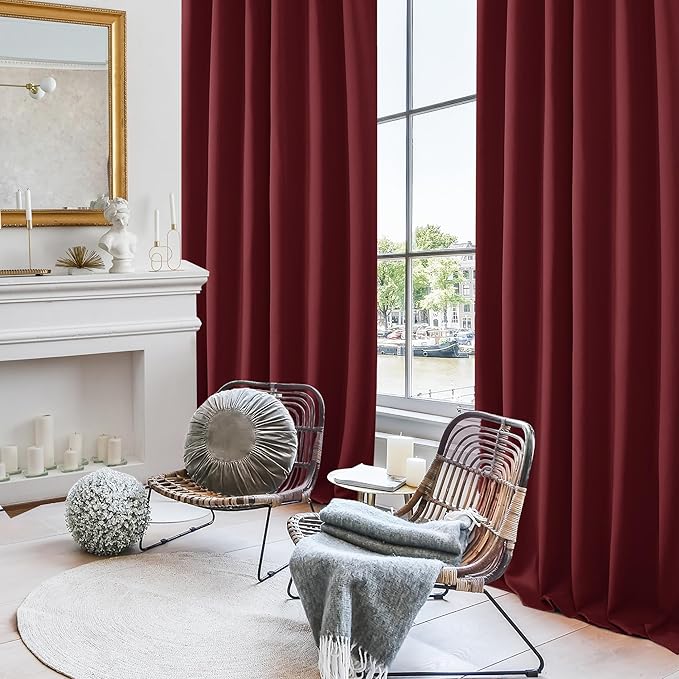 Deconovo Solid Back Tab and Rod Pocket Curtains Thermal Insulated Blackout Window Curtains for Kitchen 52Wx54L Inch Burgundy Red 2 Panels