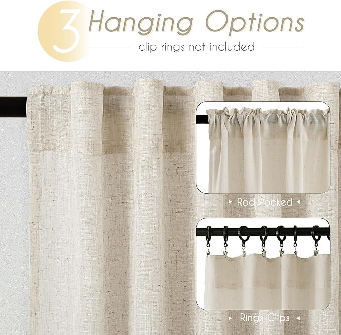 Faux Linen Beige Curtains 132 inches Long for Living Room Rustic Farmhouse Linen Drapes Semi Sheer Burlap Textured Canvas Cloth Curtain Panels Set of 2 Kahki Tan Colored